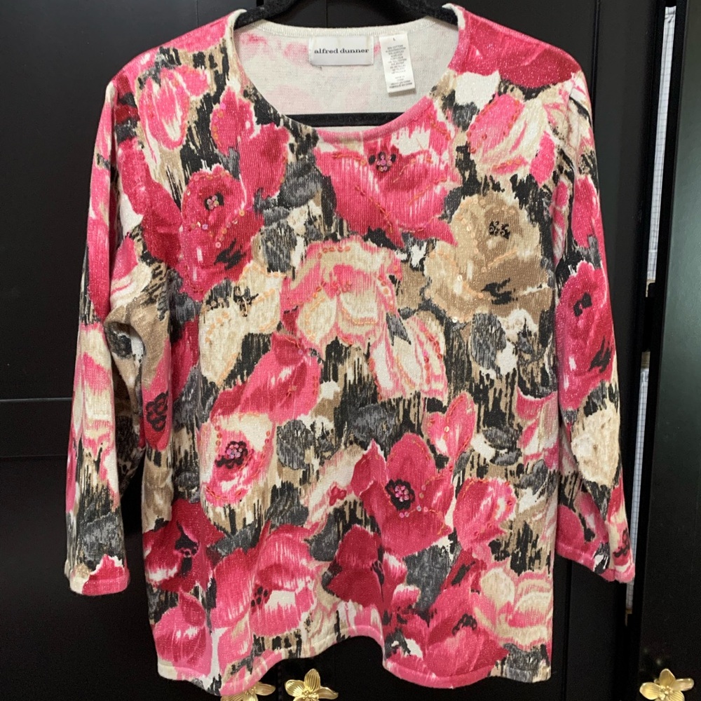 Alfred Dunner Women's Long Sleeve Floral Top Feminine Large Sequins